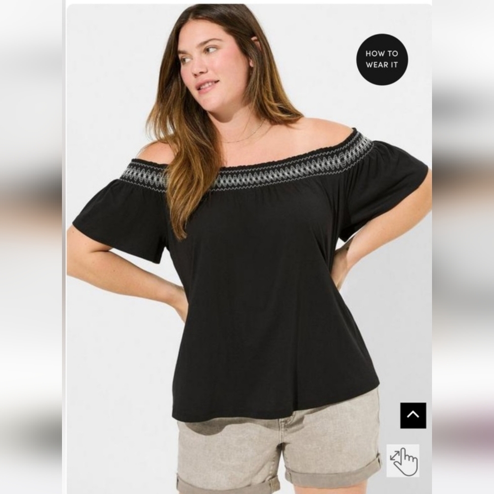 Torrid Black Off Shoulder Cotton Shirt with Embellished Neckline